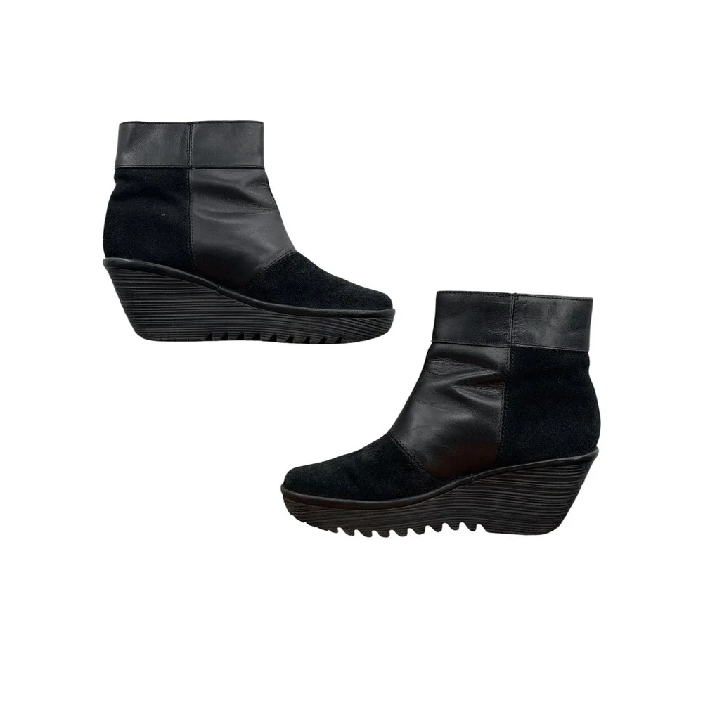 Fly London Wedge Ankle Checker Boot Women SZ 36 5.5 Black Leather Suede Comfort